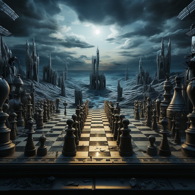 Free photo view of dramatic chess pieces with mysterious and mystical ambiance