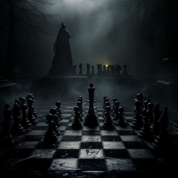 Free photo view of dramatic chess pieces with mysterious and mystical ambiance