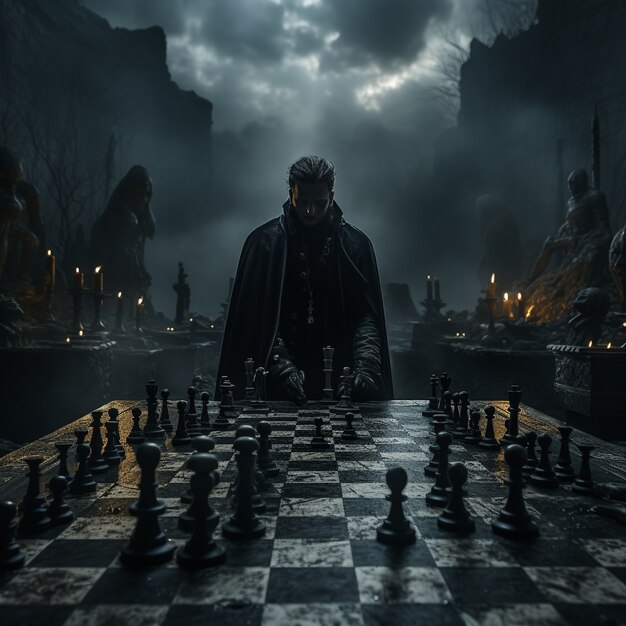 View of dramatic chess pieces with mysterious and mystical ambiance