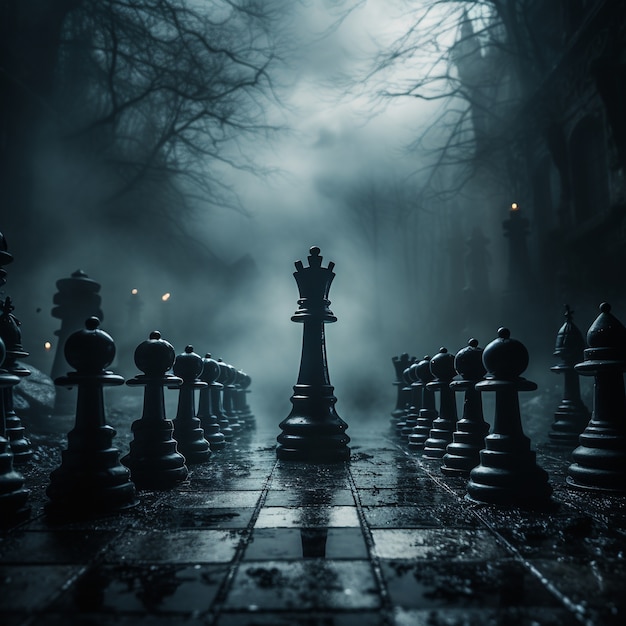 Free AI Image  View of dramatic chess pieces with mysterious and mystical  ambiance