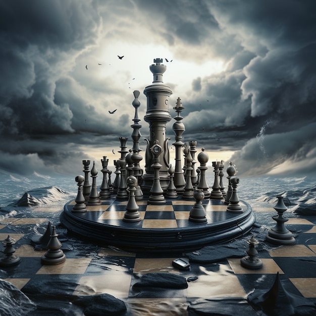 Free photo view of dramatic chess pieces with mysterious and mystical ambiance