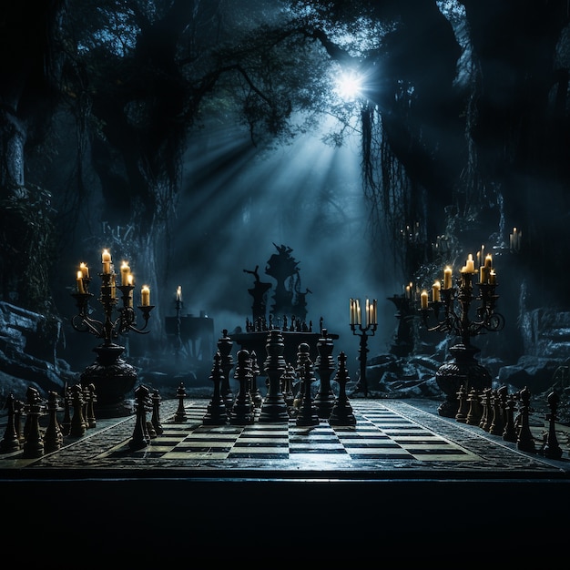 View of dramatic chess pieces with mysterious and mystical ambiance