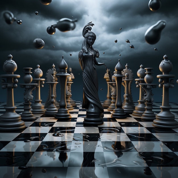 View of dramatic chess pieces with mysterious and mystical ambiance