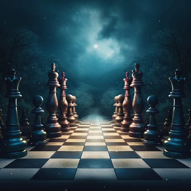 View of dramatic chess pieces with mysterious and mystical ambiance
