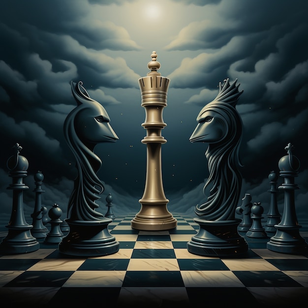 View of dramatic chess pieces with mysterious and mystical ambiance