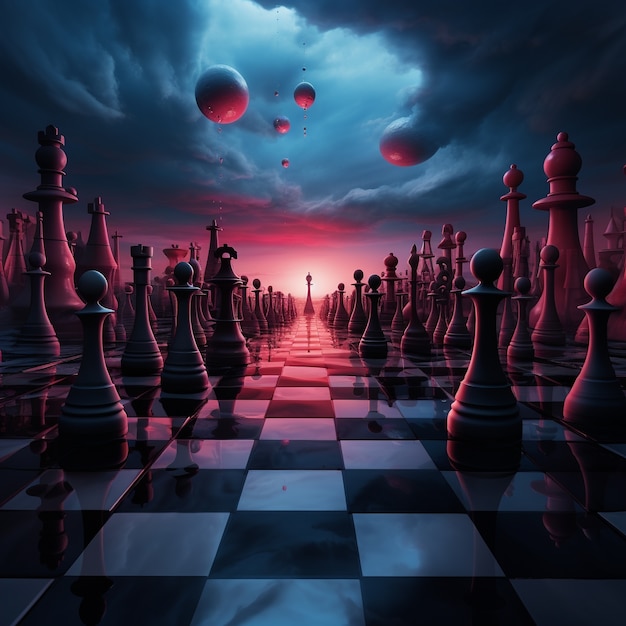 Free photo view of dramatic chess pieces with mysterious and mystical ambiance