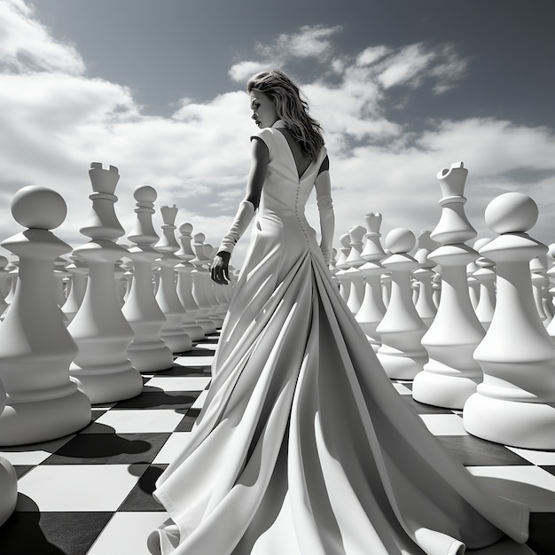 View of dramatic chess pieces with mysterious and mystical ambiance