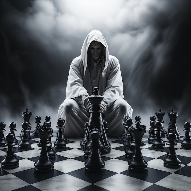 Free photo view of dramatic chess pieces with mysterious and mystical ambiance