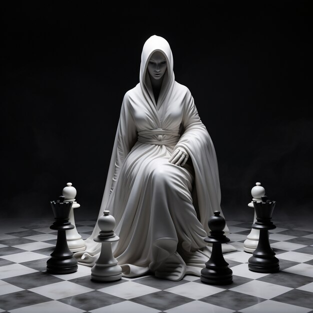 View of dramatic chess pieces with mysterious and mystical ambiance