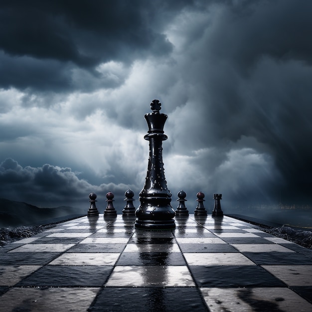 View of dramatic chess pieces with stormy weather