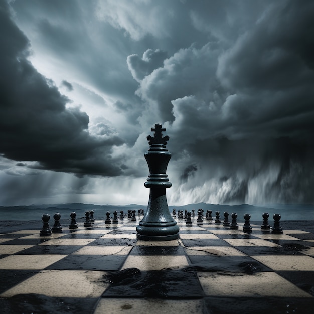 Free photo view of dramatic chess pieces with stormy weather