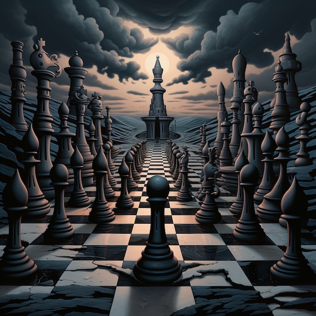 Free photo view of dramatic chess pieces with stormy weather