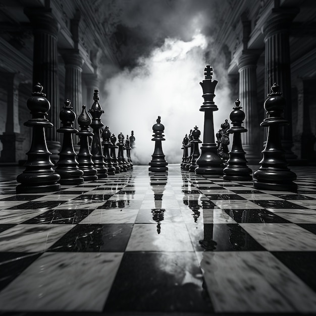 Вид на драматические шахматные фигуры в штормовую погоду