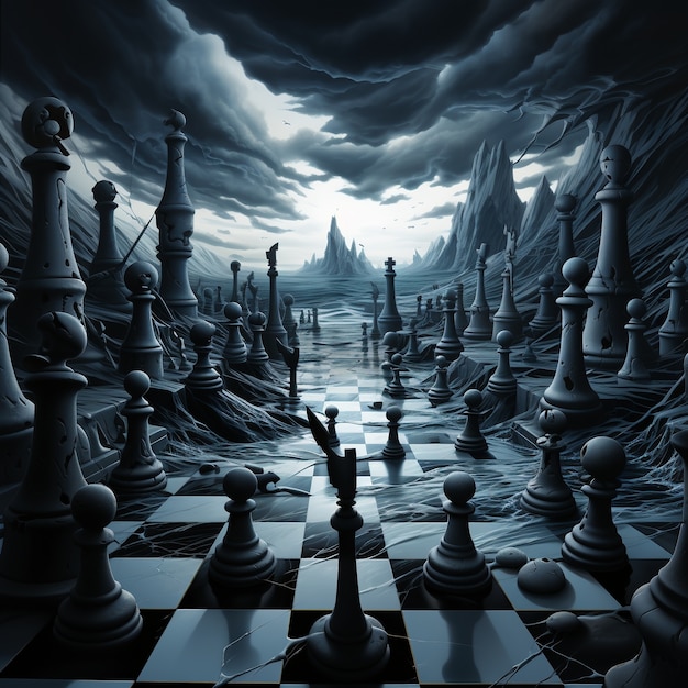 Free photo view of dramatic chess pieces with stormy weather