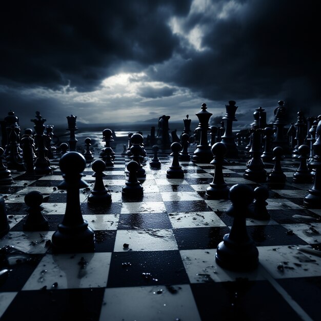 View of dramatic chess pieces with stormy weather