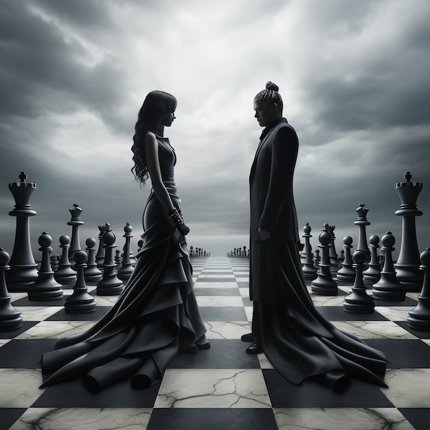 Free photo view of dramatic chess pieces with woman and man