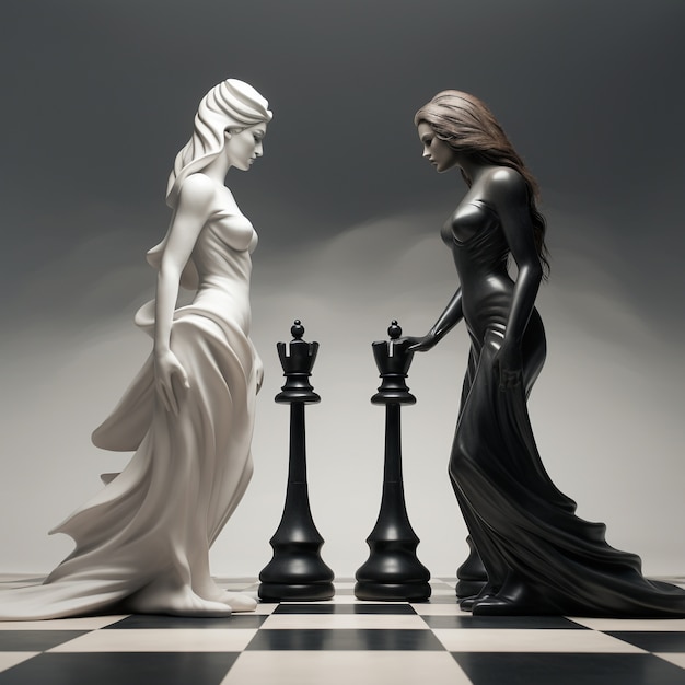 View of dramatic chess pieces with women