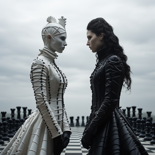 女性との劇的なチェスの駒の眺め