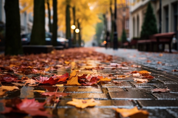 道路の歩道に落ちた乾いた紅葉の眺め