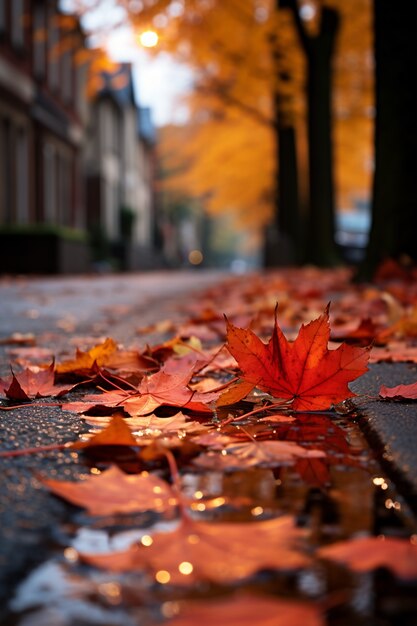 道路の歩道に落ちた乾いた紅葉の眺め