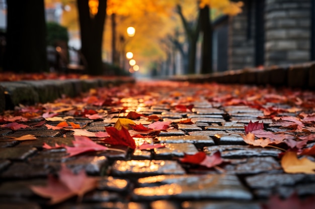 Free photo view of dry autumn leaves fallen on street pavement