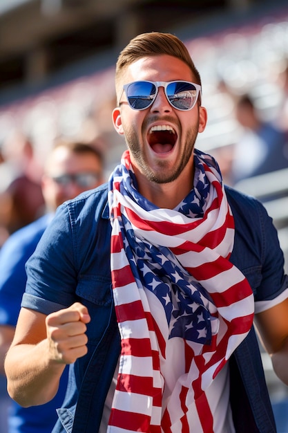 View of ecstatic football fan celebrating