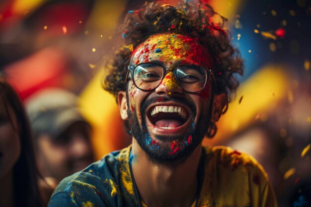 View of ecstatic football fan celebrating