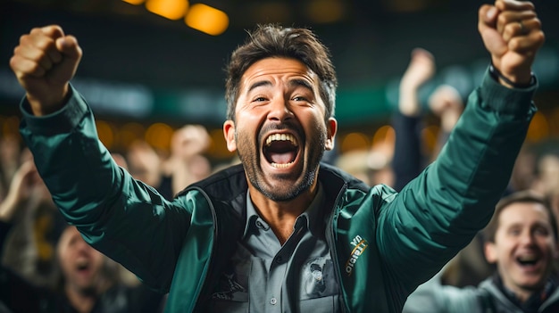 View of ecstatic football fan celebrating