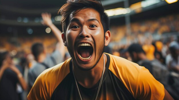 View of ecstatic football fan celebrating