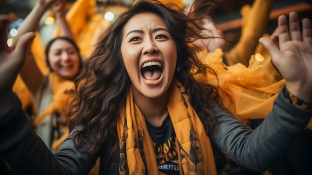 View of ecstatic football fan celebrating