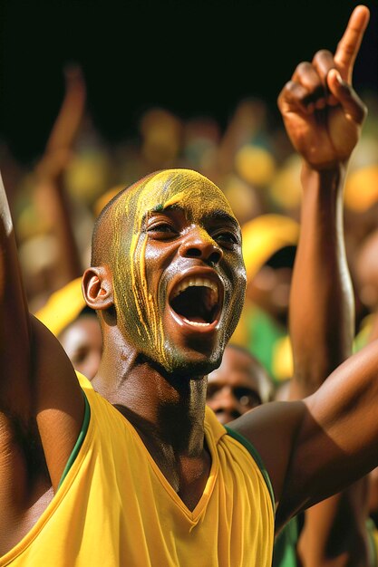 View of ecstatic football fan with painted face enjoying match