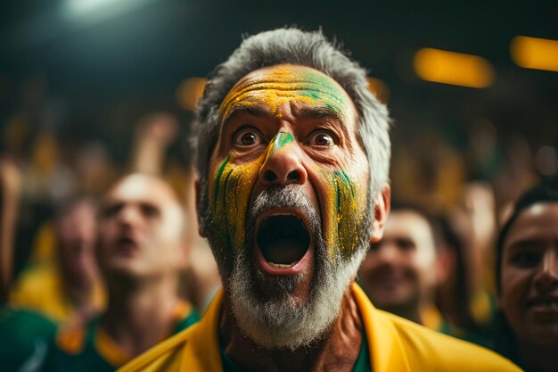 View of ecstatic football fan with painted face enjoying match