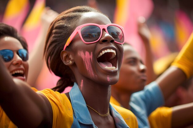 View of ecstatic football fan with painted face enjoying match