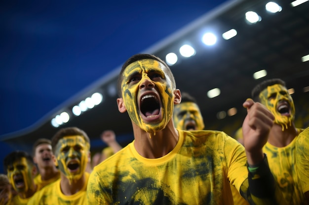 Free photo view of ecstatic football fan with painted face enjoying match