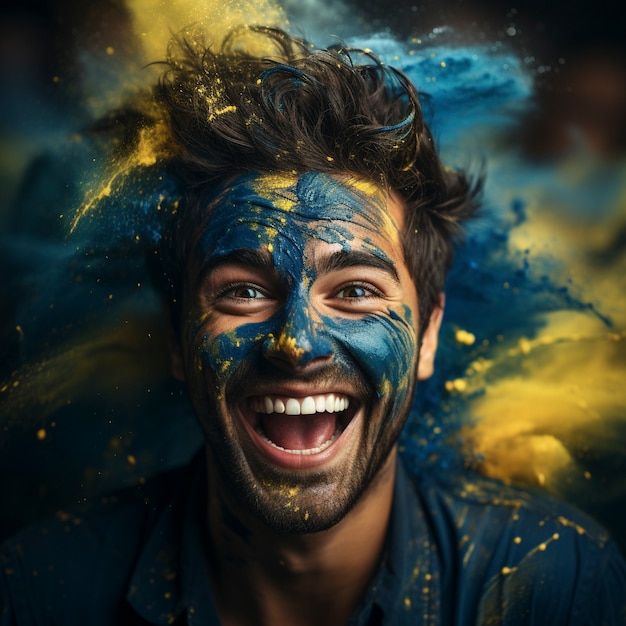 View of ecstatic football fan with painted face