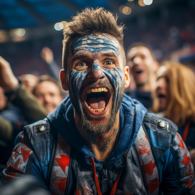 ペイントされた顔をした恍惚としたサッカーファンの眺め