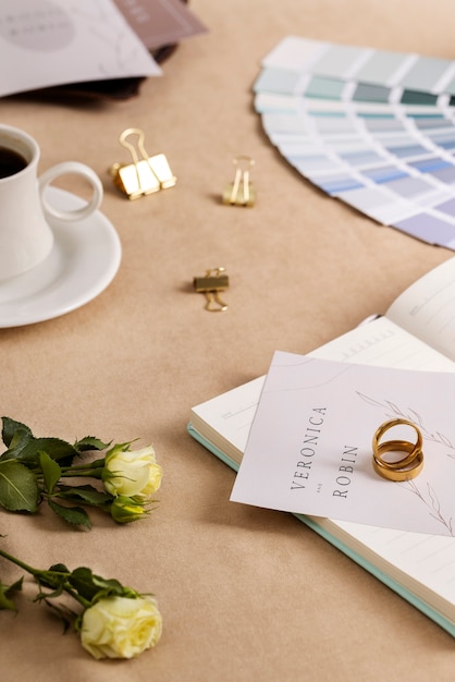 Free photo view of elegant and luxurious wedding stationery and planner resources