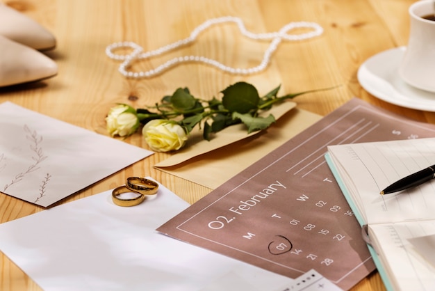 View of elegant and luxurious wedding stationery and planner resources