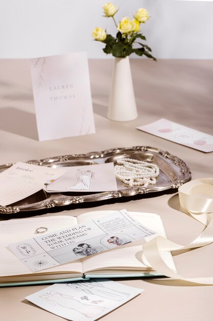 View of elegant and luxurious wedding stationery and planner resources