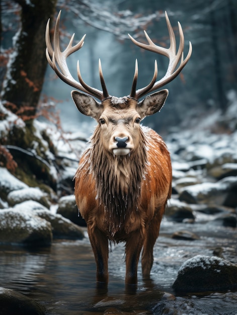 Free photo view of elk in natural body of water