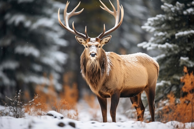 View of elk with winter nature landscape