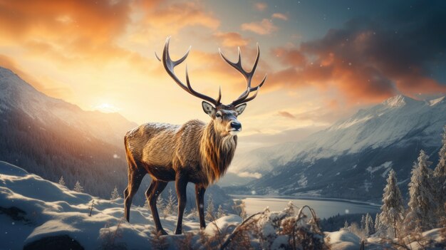 View of elk with winter nature landscape