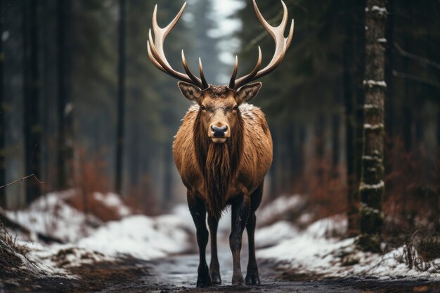 View of elk with winter nature landscape