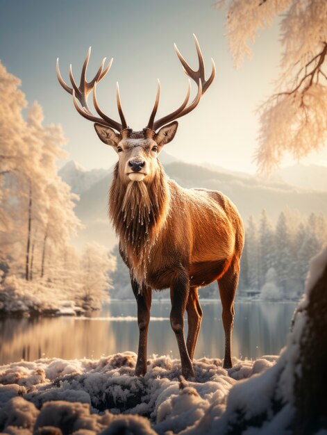View of elk with winter nature landscape