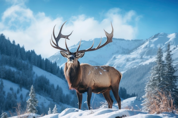Вид на лося с зимним природным ландшафтом