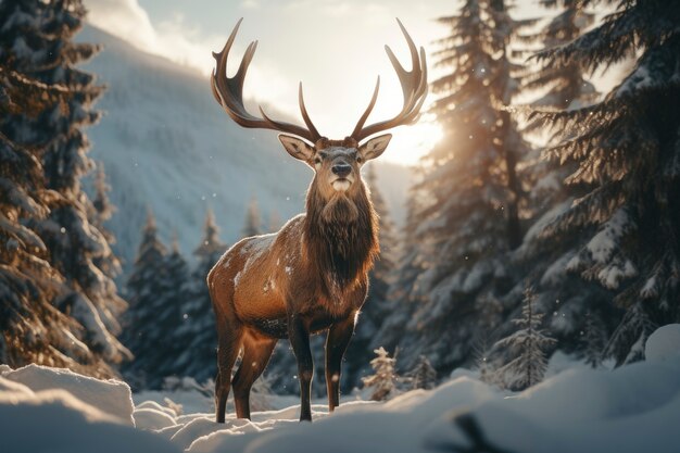Вид на лося с зимним природным ландшафтом