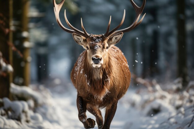 View of elk with winter nature landscape