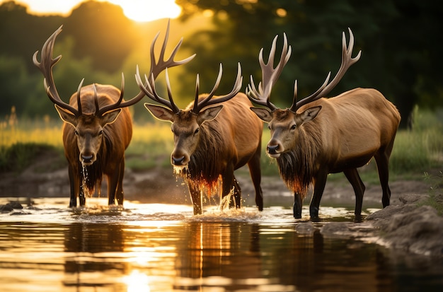 Free photo view of elks in body of water