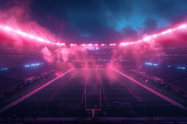 view of empty soccer stadium with fantasy and dreamy sky