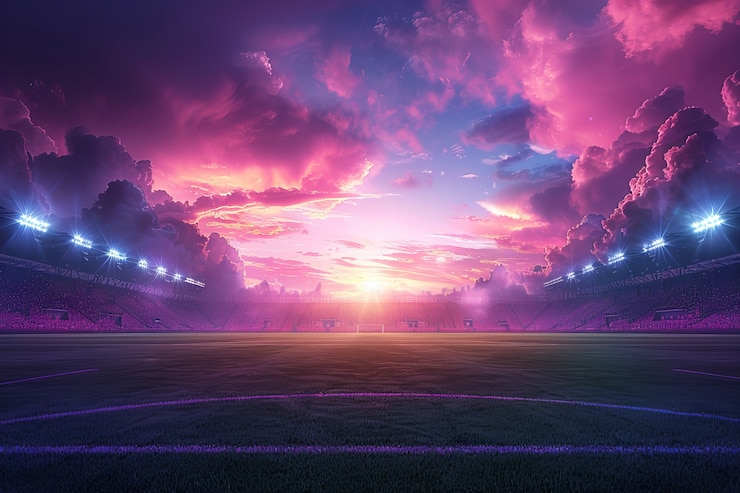Free Photo view of empty soccer stadium with fantasy and dreamy sky